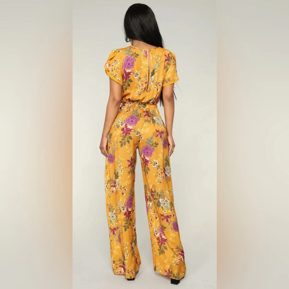 Fashion Nova Yellow Floral Jumpsuit with V-Neck and Wide-Leg Design - Picture 3 of 7
